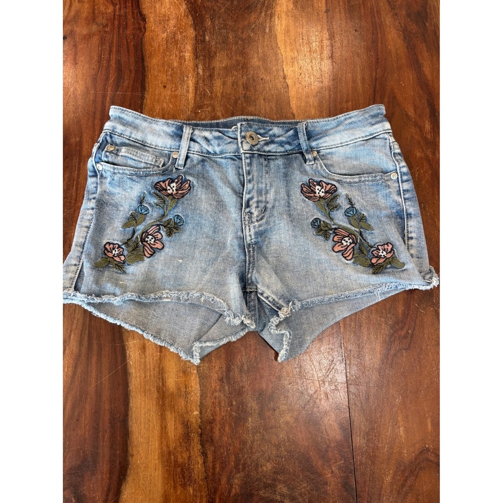 WAREHOUSE ONE floral embroidered denim shorts womens 28 raw hem mid rise boho